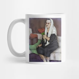 An elderly woman with a bouquet of flowers Mug